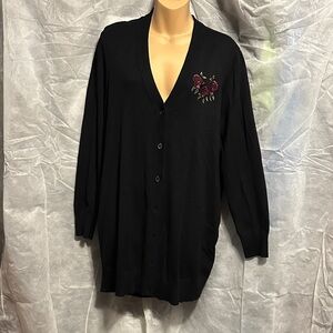 Black Cardigan Sweater with Floral Embroidery and Skull on the back